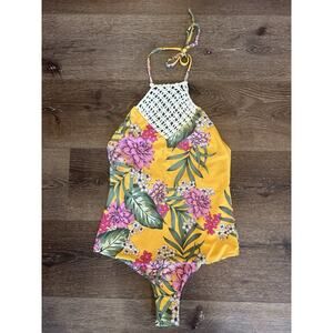 Guess Beach Floral One Piece Small Swimsuit Macramé Halter Tropical Yellow NWT
